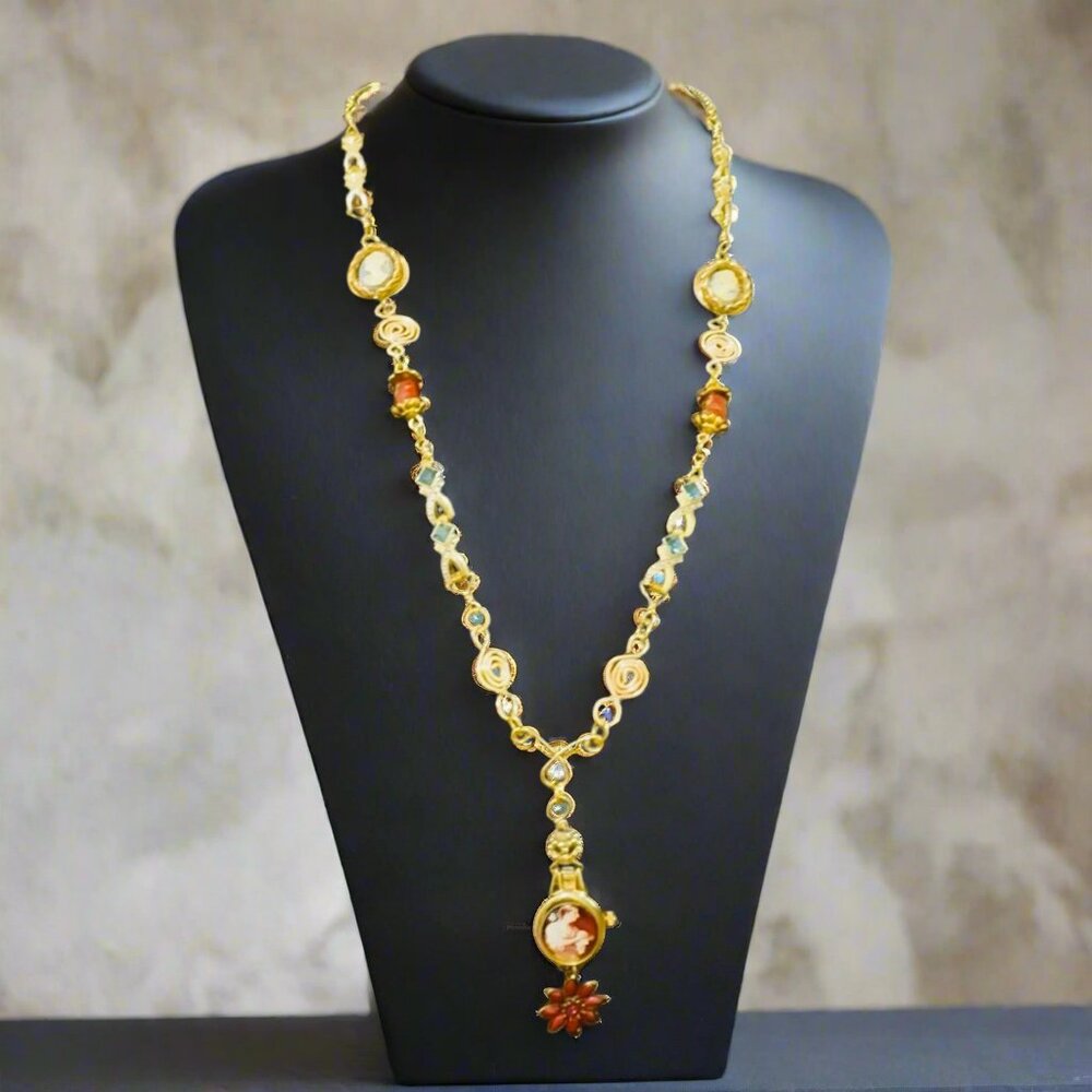 Vintage Upcycled Watch Cameo Necklace w Murano Glass & The Beggar’s Opera Scene